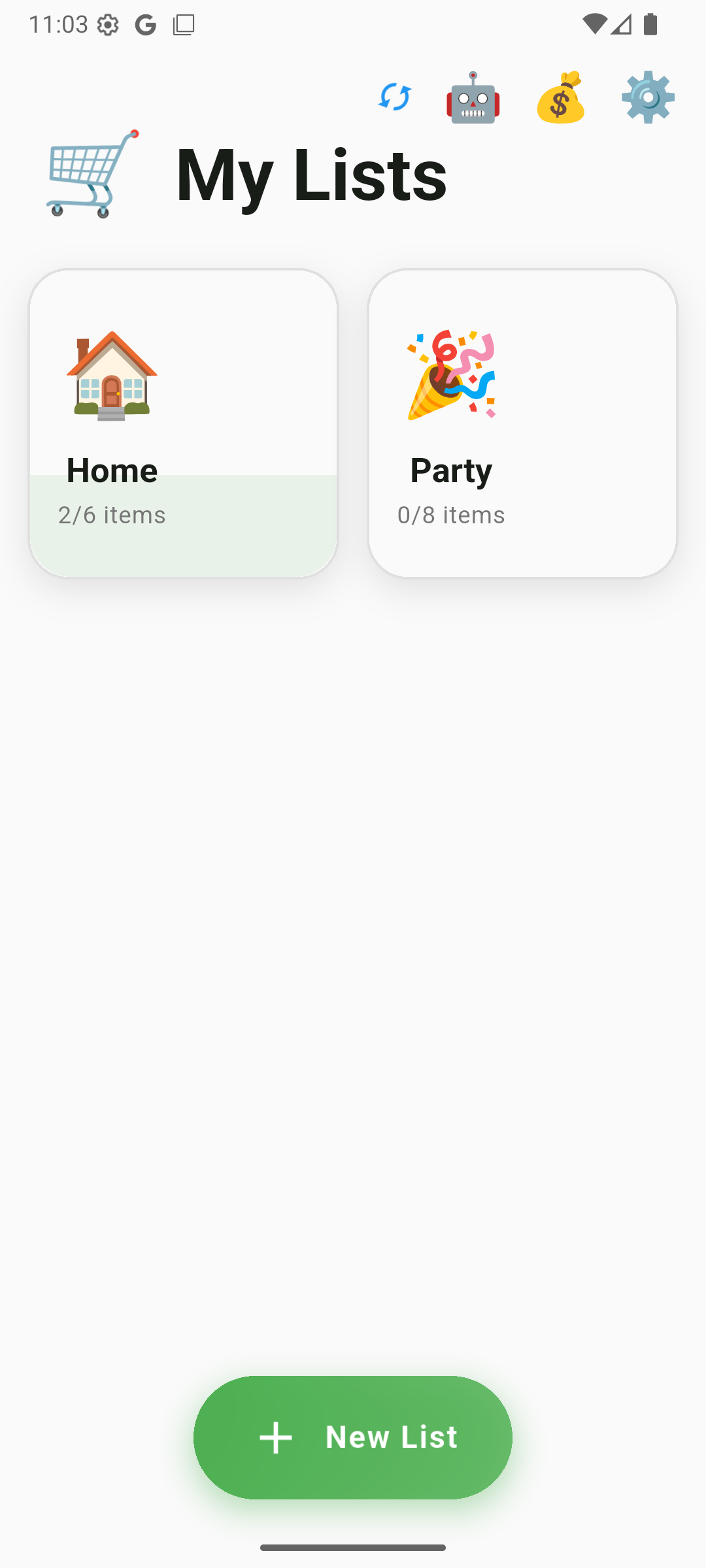 Universal Shopping List home screen